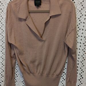 Alex Marie Tan V-Neck Sweater with Ribbed Waistband